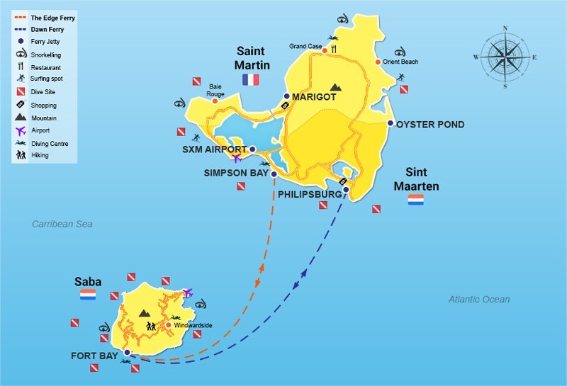 St Maarten to Saba ferry routes map